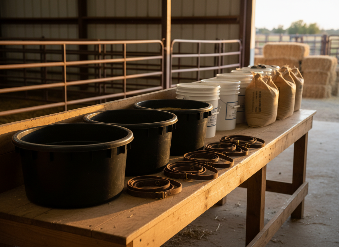 A neatly arranged display of cattle-care products designed for ranch use, including sturdy plastic mineral tubs, durable leather halters, and weather-resistant feed supplements in plain, label-free containers. The items are organized on a clean wooden workbench inside a bright, well-kept barn, with metal gates and stacked square bales softly blurred in the background. Late afternoon natural light pours in from a large open doorway, casting warm highlights on the containers’ smooth surfaces and gentle shadows across the bench. Photographic realism at eye level, with a moderate depth of field that keeps the products crisp while the ranch setting remains softly out of focus, creating a professional, trustworthy, and practical atmosphere.